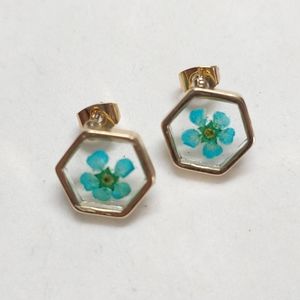 Earrings Rose Gold Color Hexagon w/ Dried Teal Flo